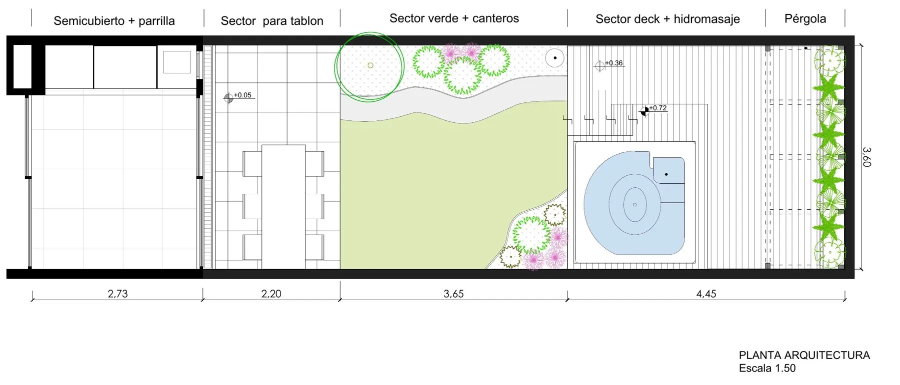 Planta de arquitectura del patio con sus cinco sectores