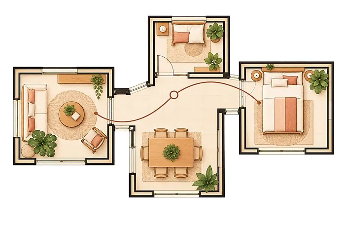 Plano ilustrado de living, comedor y dormitorio conectados