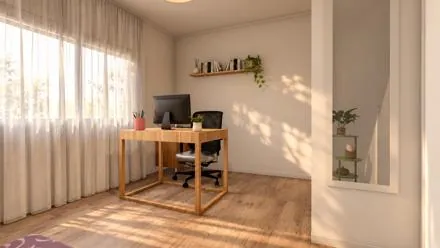 Oficina con el escritorio girado hacia la ventana