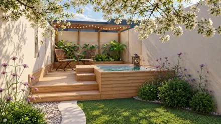 Deck de madera con hidromasaje y canteros