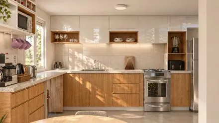 Cocina con alacena blanco gloss y estantes a la vista