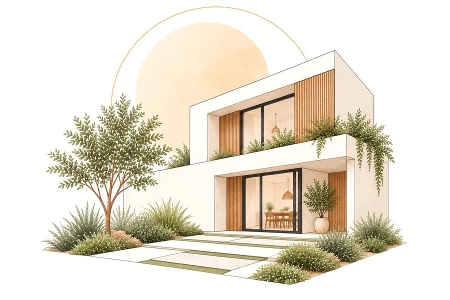 Casa nueva de líneas simples rodeada de vegetación