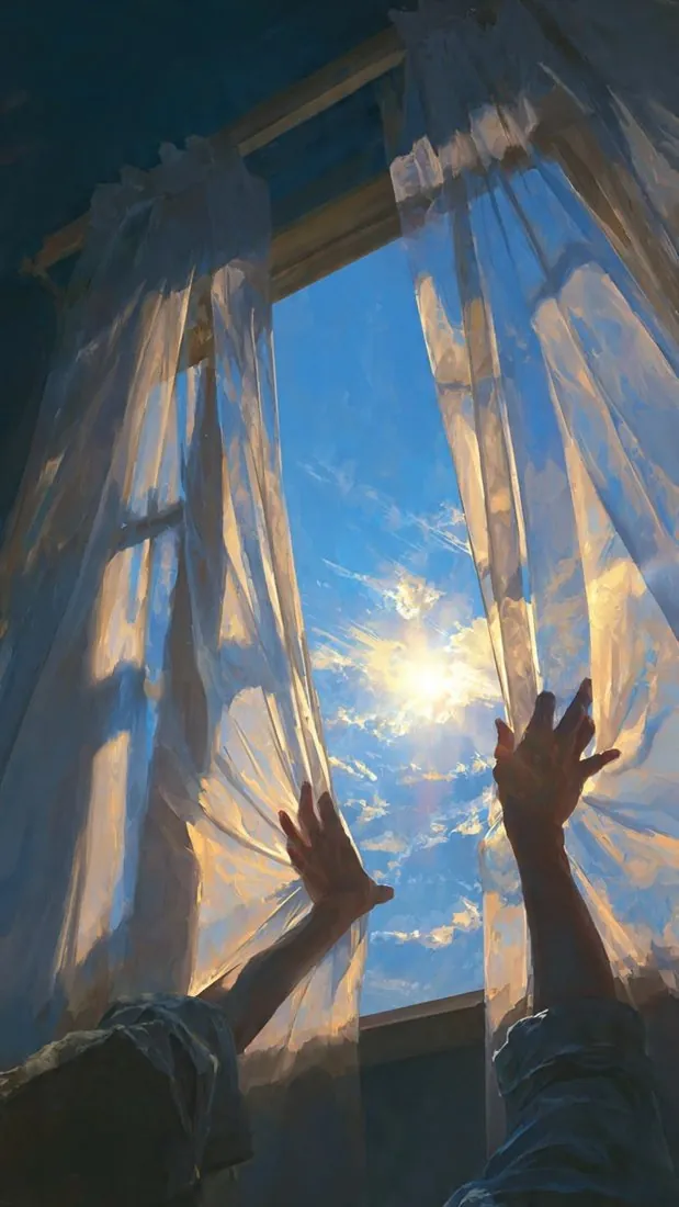 Manos abriendo unas cortinas hacia la luz del cielo