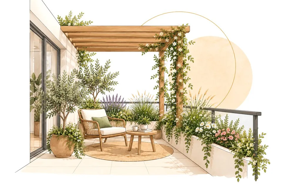 Terraza con pérgola, plantas y sillón