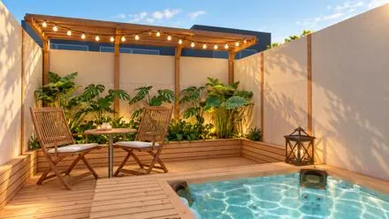 Rincón de estar bajo la pérgola