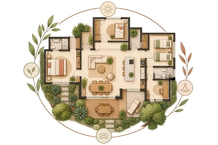 Plano ilustrado de una vivienda completa con jardín