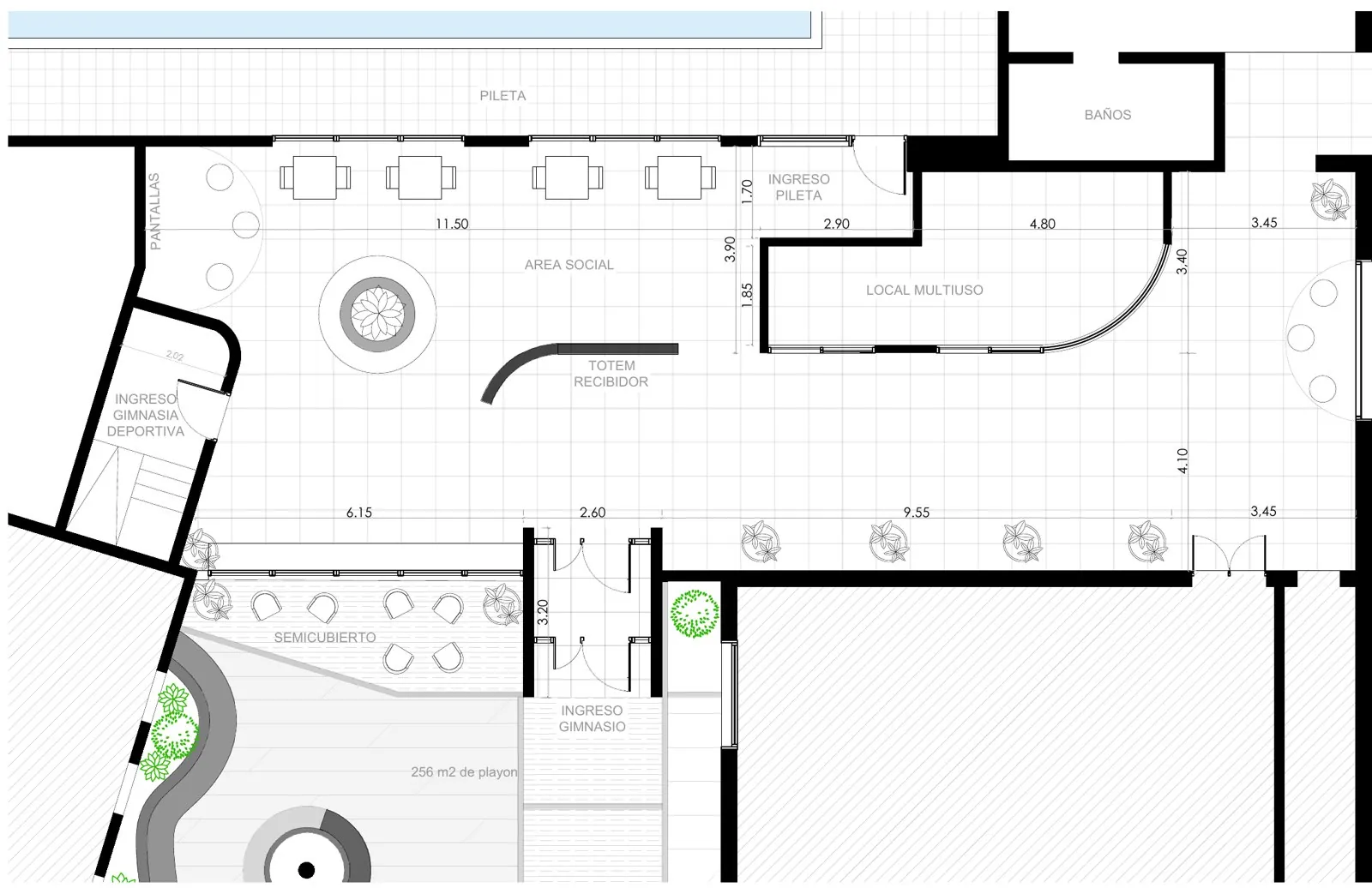 Planta de arquitectura del hall, área social, local multiuso y circulación