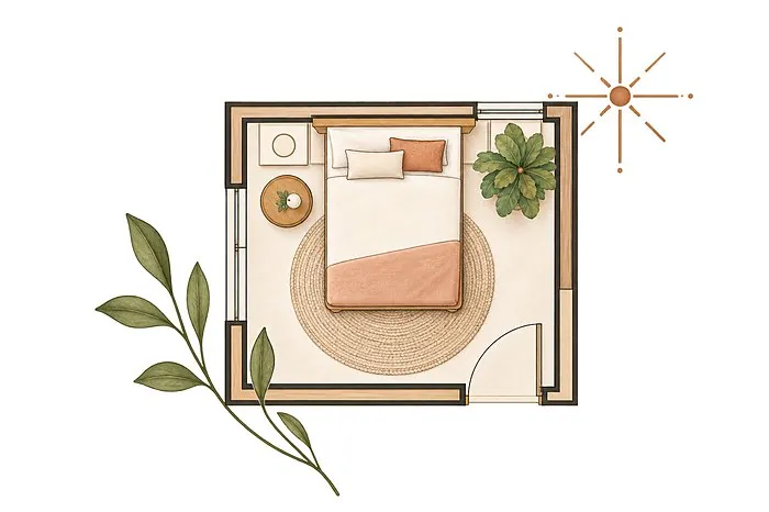 Plano ilustrado de una habitación con cama, mesa de luz y planta
