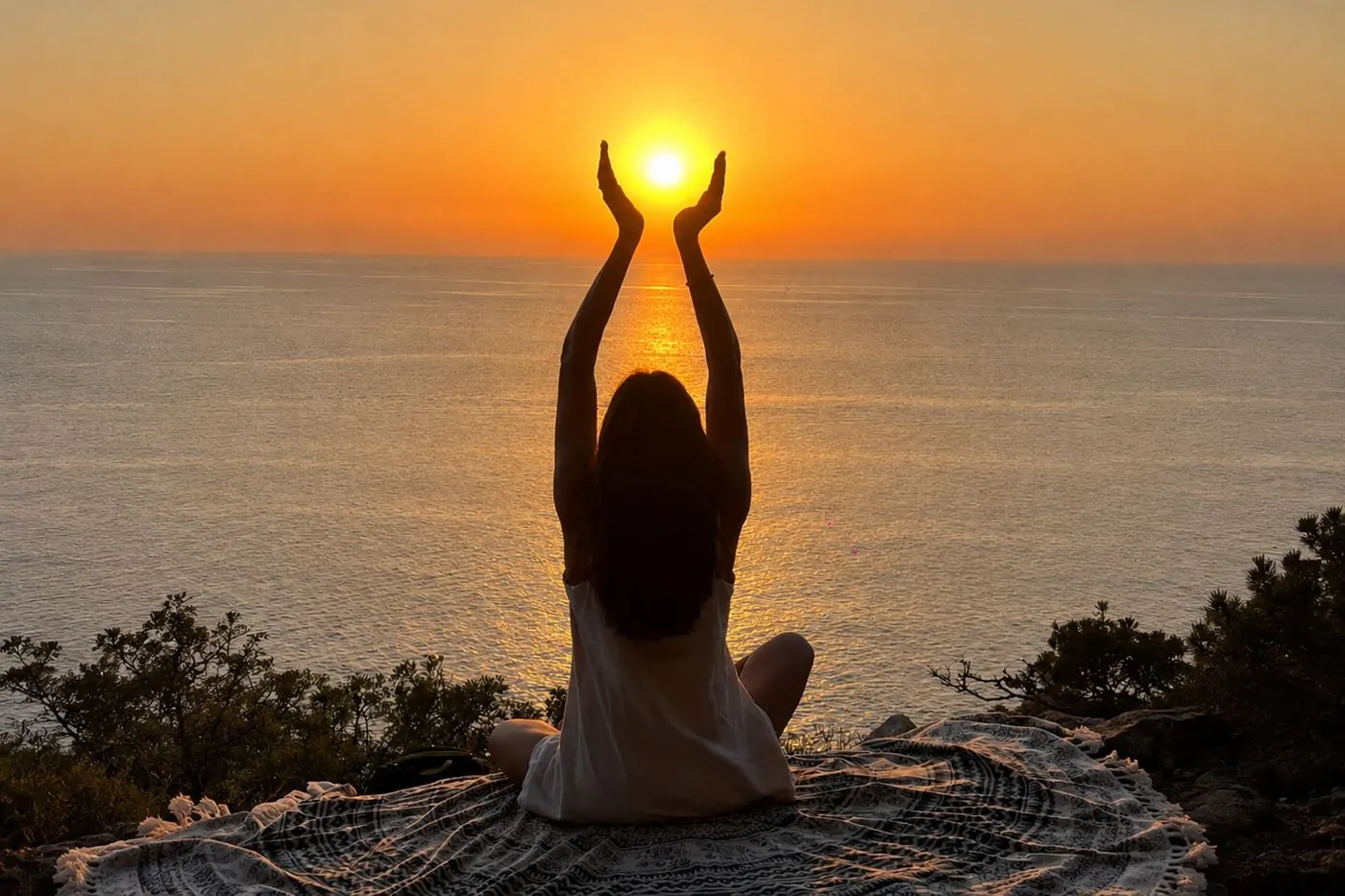 Silueta con los brazos elevados formando un corazón frente al atardecer sobre el mar.