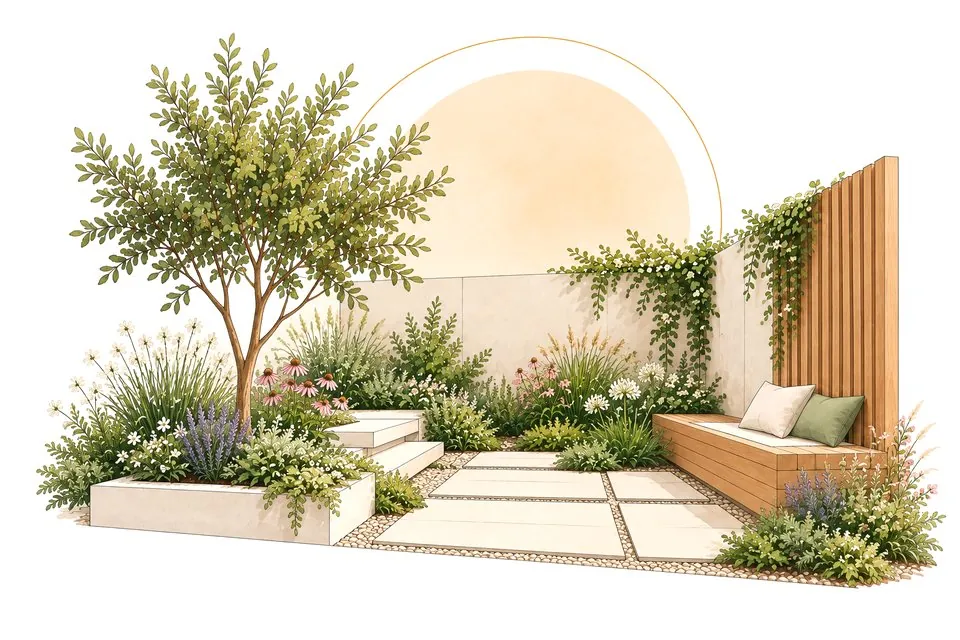 Jardín con árbol, canteros y banco de madera