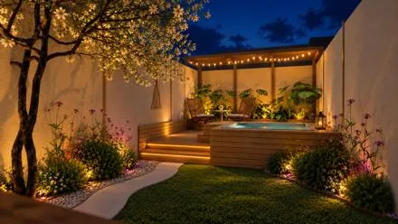 Jardín de noche, con el ciruelo en flor y el deck iluminado