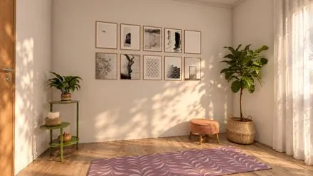 Área relax con mat de yoga, puf y mesita esquinera