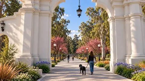 El paseo de ingreso visto desde el portal, con luminarias y canteros con flores