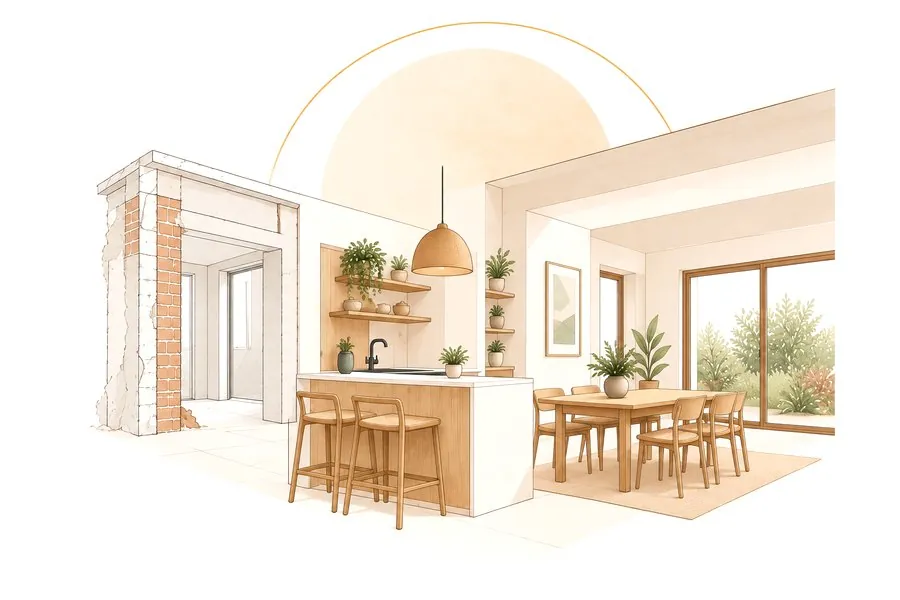 Espacio en obra transformándose en un interior cálido y luminoso