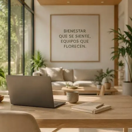 Espacio de trabajo con la frase Bienestar que se siente, equipos que florecen en la pared.