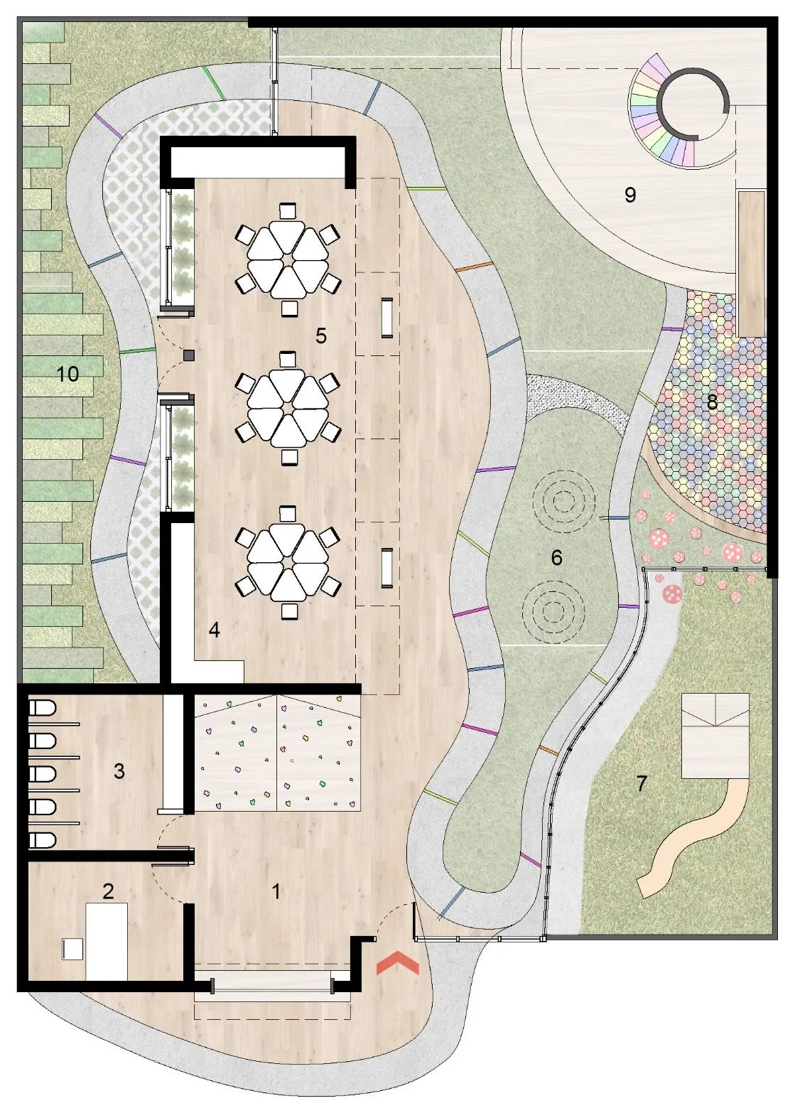 Planta de arquitectura de la guardería con sus diez sectores