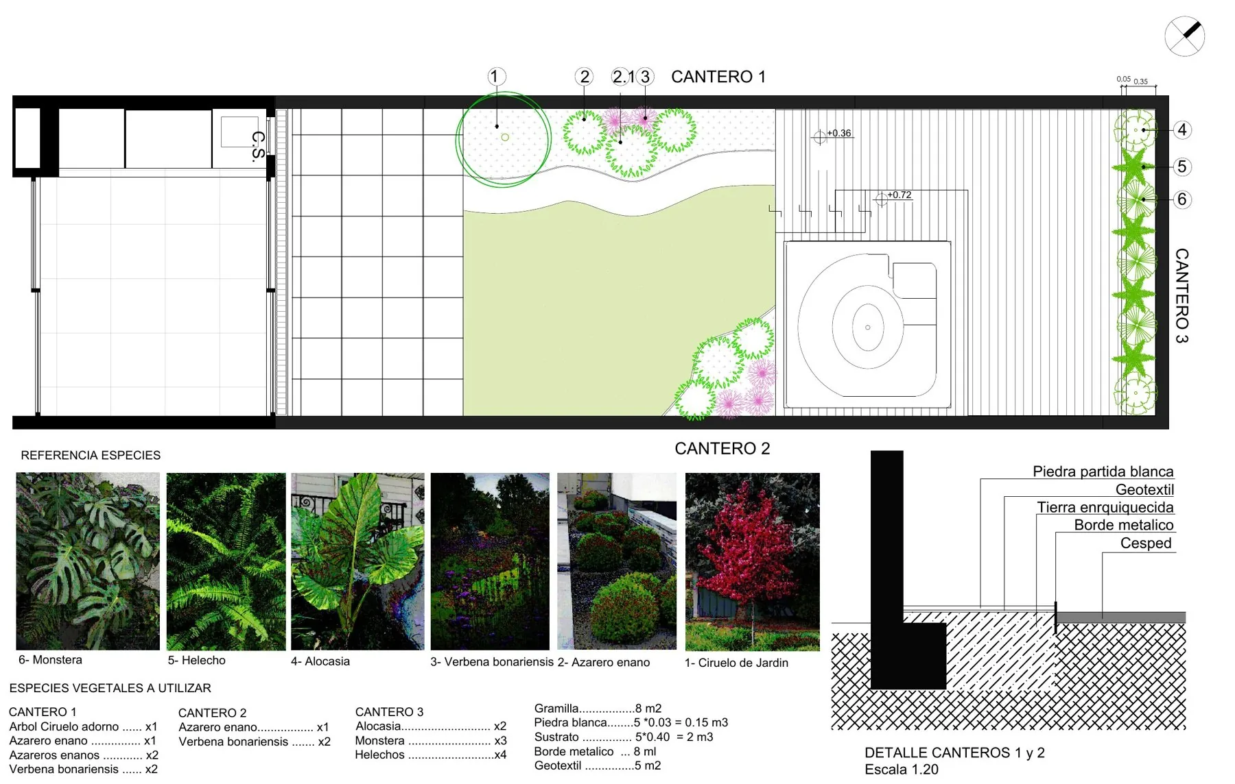 Planta de canteros con referencias de especies y detalle constructivo de los canteros