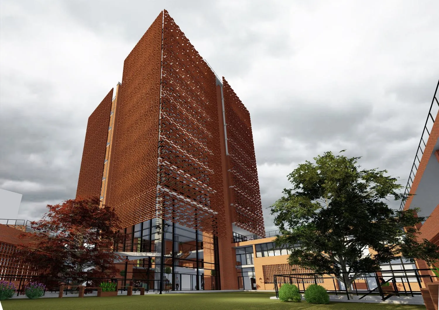 Render de mi proyecto final de carrera: edificio en altura con fachada de ladrillo calado y patio verde