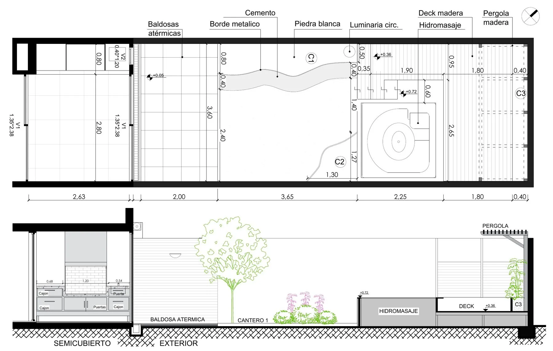 Planta técnica y corte longitudinal del patio: baldosas atérmicas, sendero de cemento, piedra blanca, hidromasaje, deck de madera y pérgola